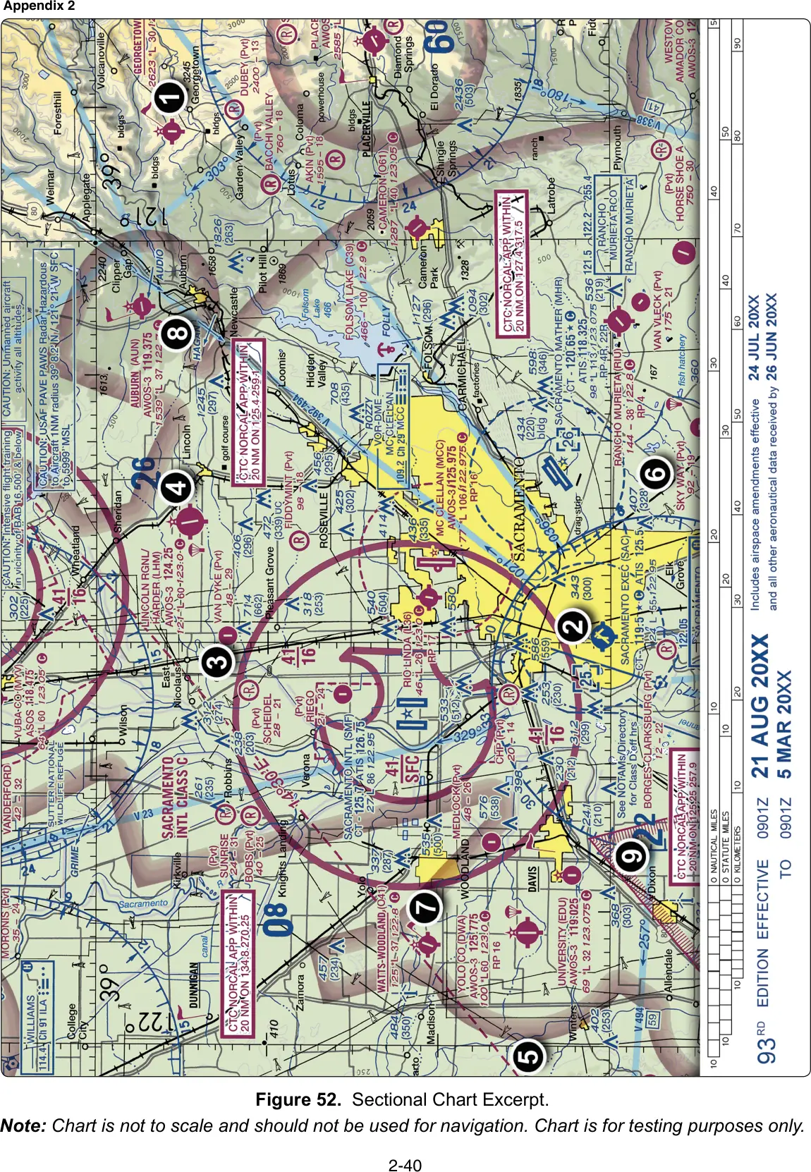 Figure 52, Sectional chart excerpt (Rio Linda, CA): figure for "(Refer to FAA-CT-8080-1E, Figure 52, Area 2.) When departing the RIO LINDA (L36) airport to the northwest at a"
