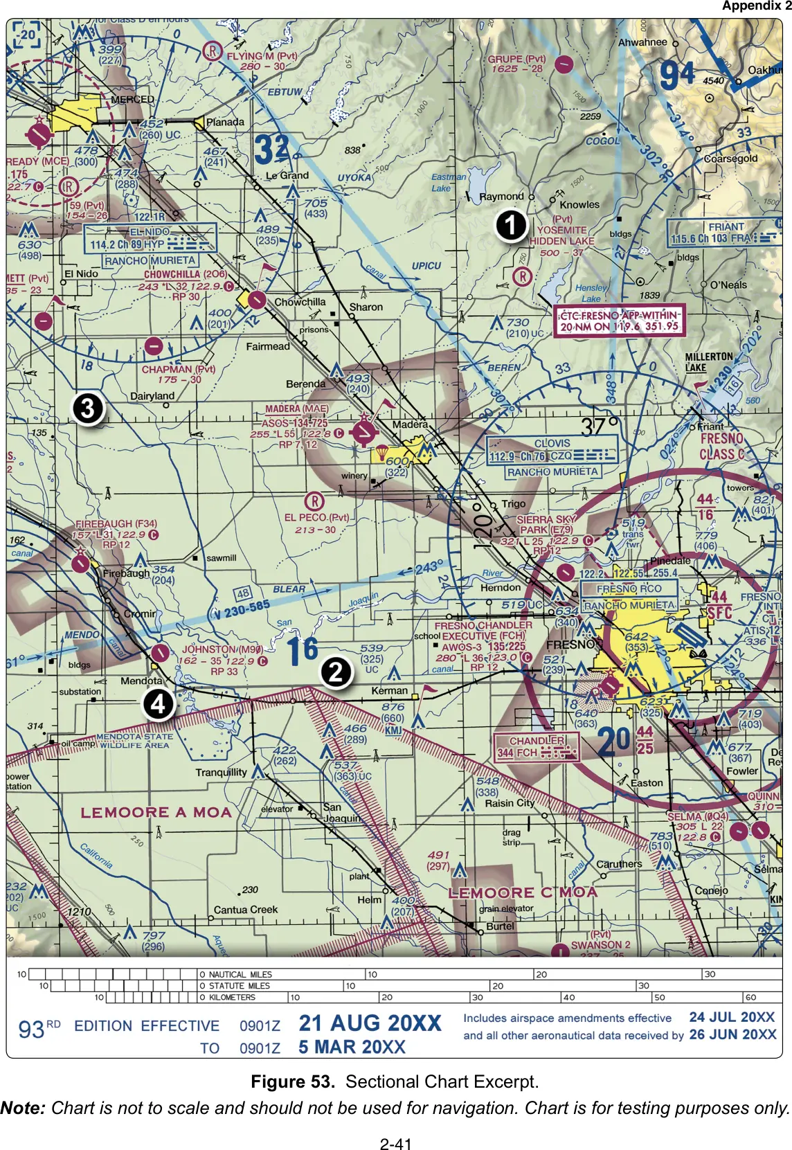Figure 53, Sectional chart excerpt (Madera, CA): figure for "(Refer to FAA-CT-8080-1E, Figure 53.) You are planning a VFR west bound flight departing the FRESNO CHANDLER E"
