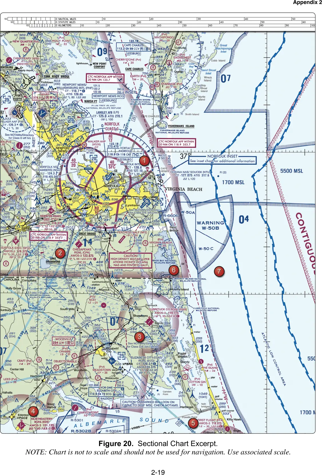 Figure 20, Sectional chart excerpt (Norfolk, VA): figure for "(Refer to FAA-CT-8080-2H, Figure 20, area 1.) The NALF Fentress (NFE) Airport is in what type of airspace?"