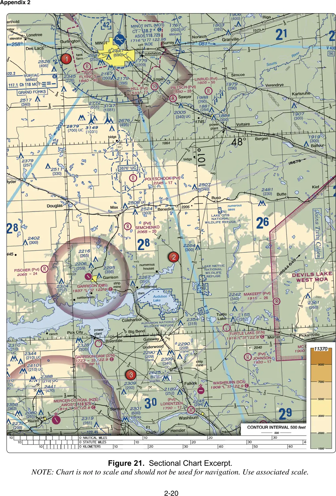 Figure 21, Sectional chart excerpt (Minot, ND): figure for "(Refer to FAA-CT-8080-2H, Figure 21.) What airport is located approximately 47 (degrees) 40 (minutes) N latitu"