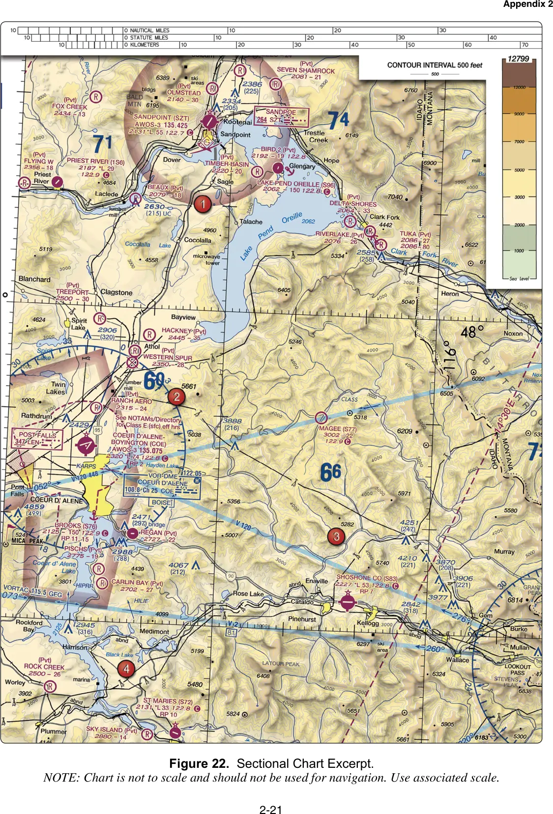 Figure 22, Sectional chart excerpt (Coeur d'Alene, ID): figure for "(Refer to FAA-CT-8080-2H, Figure 22, area 2.) At Coeur D'Alene which frequency should be used as a Common Traf"
