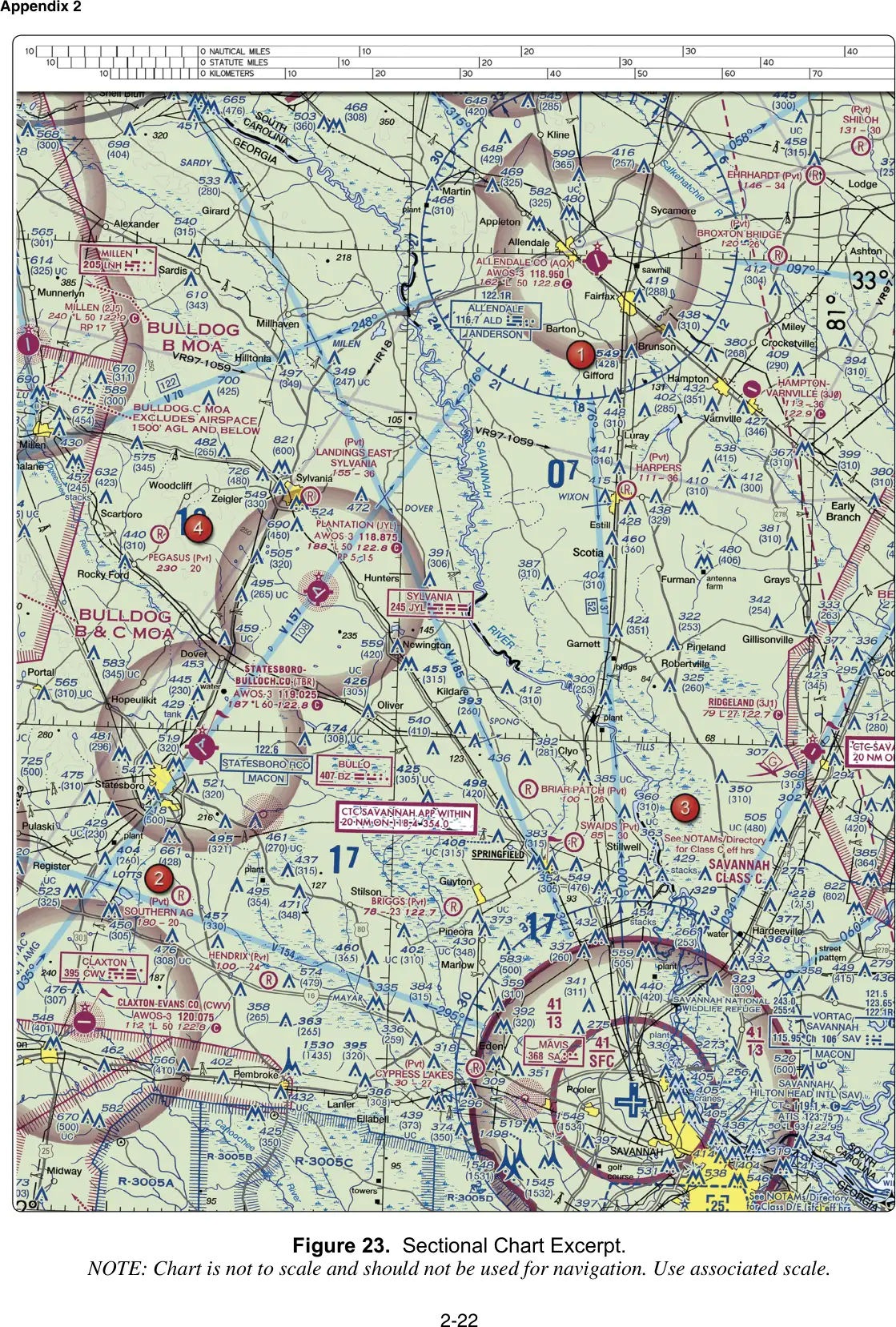 Figure 23, Sectional chart excerpt (Savannah, GA): figure for "(Refer to FAA-CT-8080-2H, Figure 23, area 3.) What is the floor of the Savannah Class C airspace at the shelf "