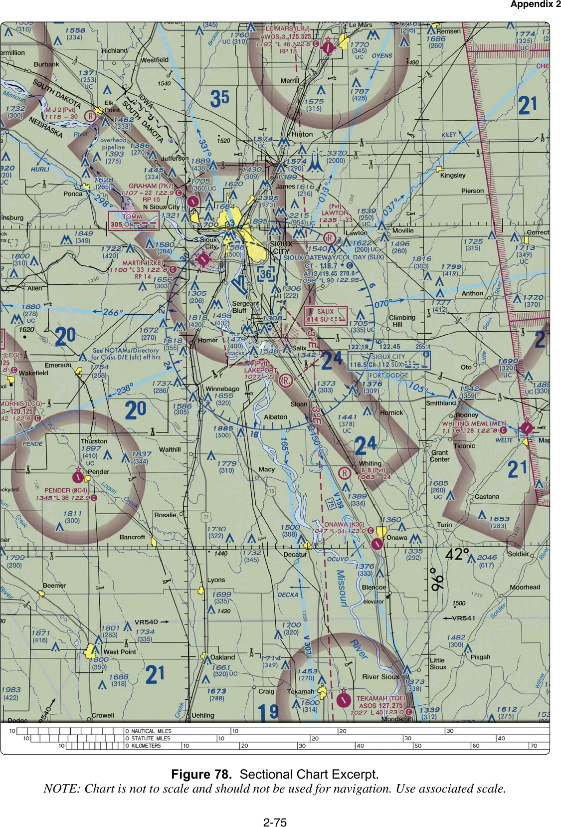 Figure 78, Sectional chart excerpt (Onawa, IA): figure for "(Refer to FAA-CT-8080-2H, Figure 78.) What are the basic VFR weather minima required to takeoff from the Onawa"