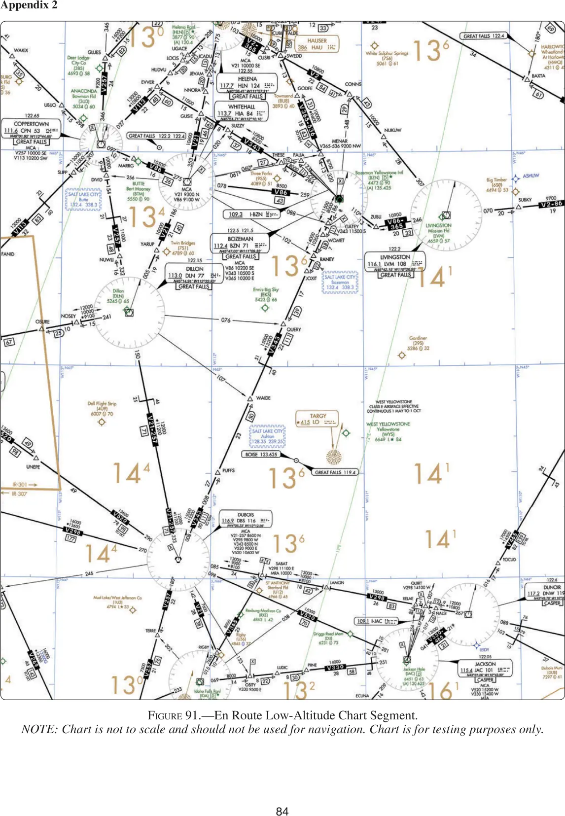 Figure 91, En route low-altitude chart segment (DBS to BZN, V343): figure for "(Refer to FAA-CT-8080-3F, Figure 91.) When flying a northbound IFR flight on V257, what is the minimum crossin"