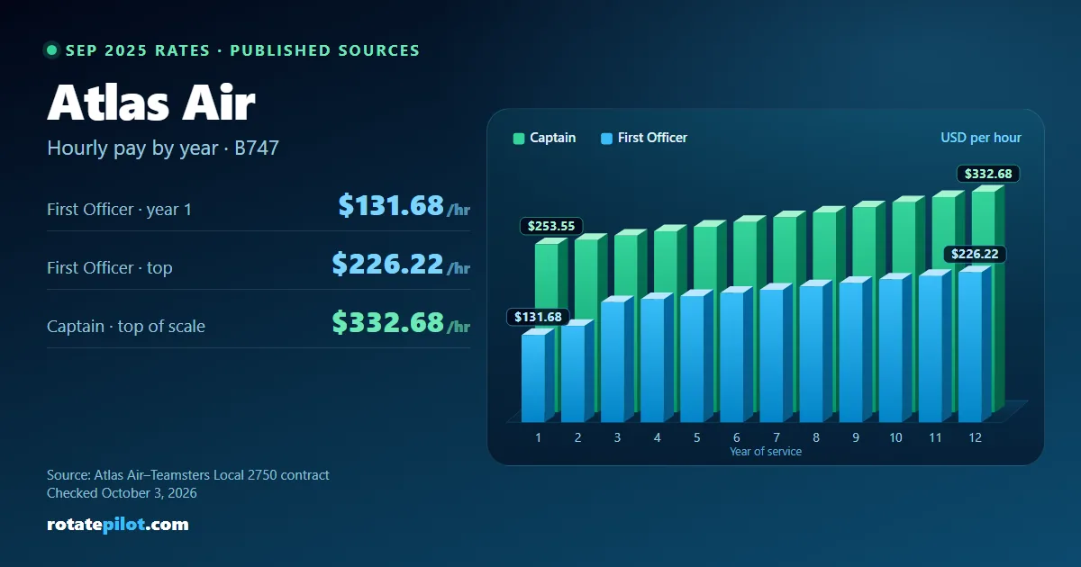 Atlas Air pilot pay 2026: First Officer and Captain hourly rates by year of service, from the Atlas Air–Teamsters Local 2750 contract