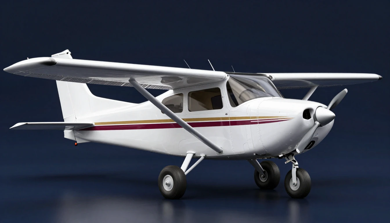 3D illustration of a white Cessna 182 Skylane with maroon and gold stripes: high wing with one strut per side, fixed tricycle landing gear and a two-blade propeller