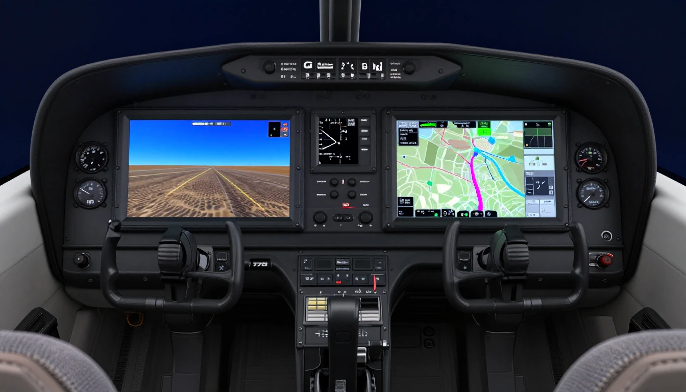3D illustration of a light-airplane glass cockpit with two large side-by-side displays: an attitude display on the left and a moving map on the right
