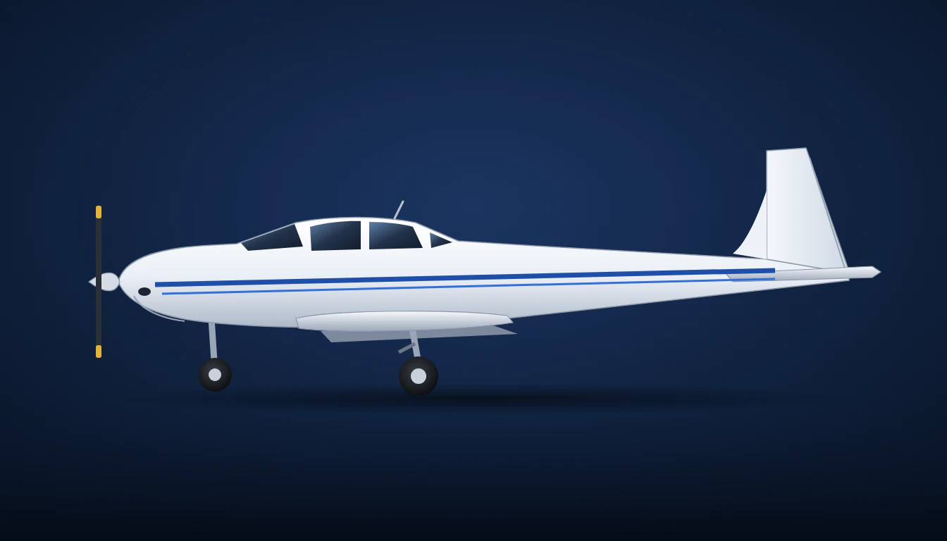 Side-profile illustration of a white Mooney M20 with blue stripes: low wing, slim fuselage, tricycle gear extended and the Mooney vertical tail whose rear edge leans forward